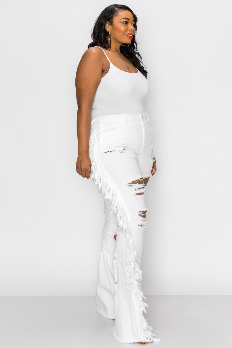 WHITE DISTRESSED FRINGE JEANS
