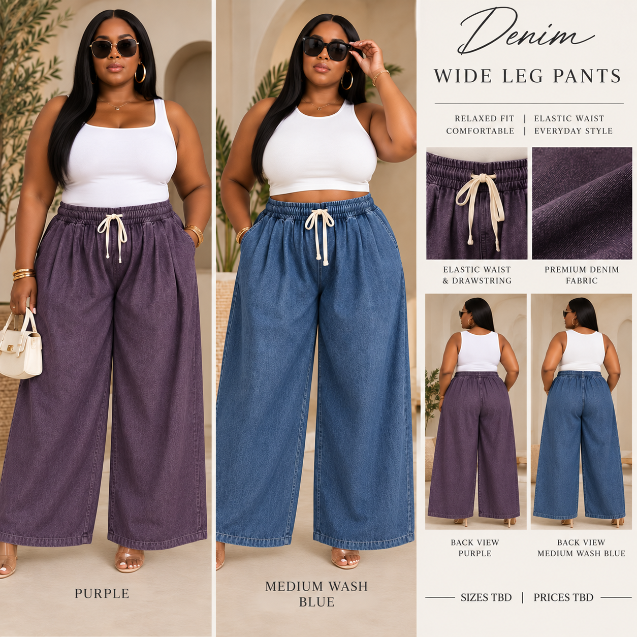 Denim Wide Leg Pants w/ Drawstring