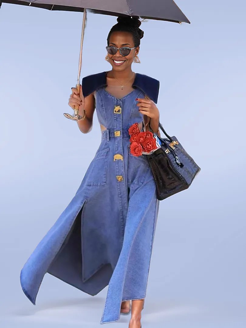 denim cutout dress Elegant Denim large lapel collar, cut out waist summer slit long dress