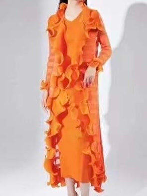 PLEATED DRESS AND CARDIGAN SET