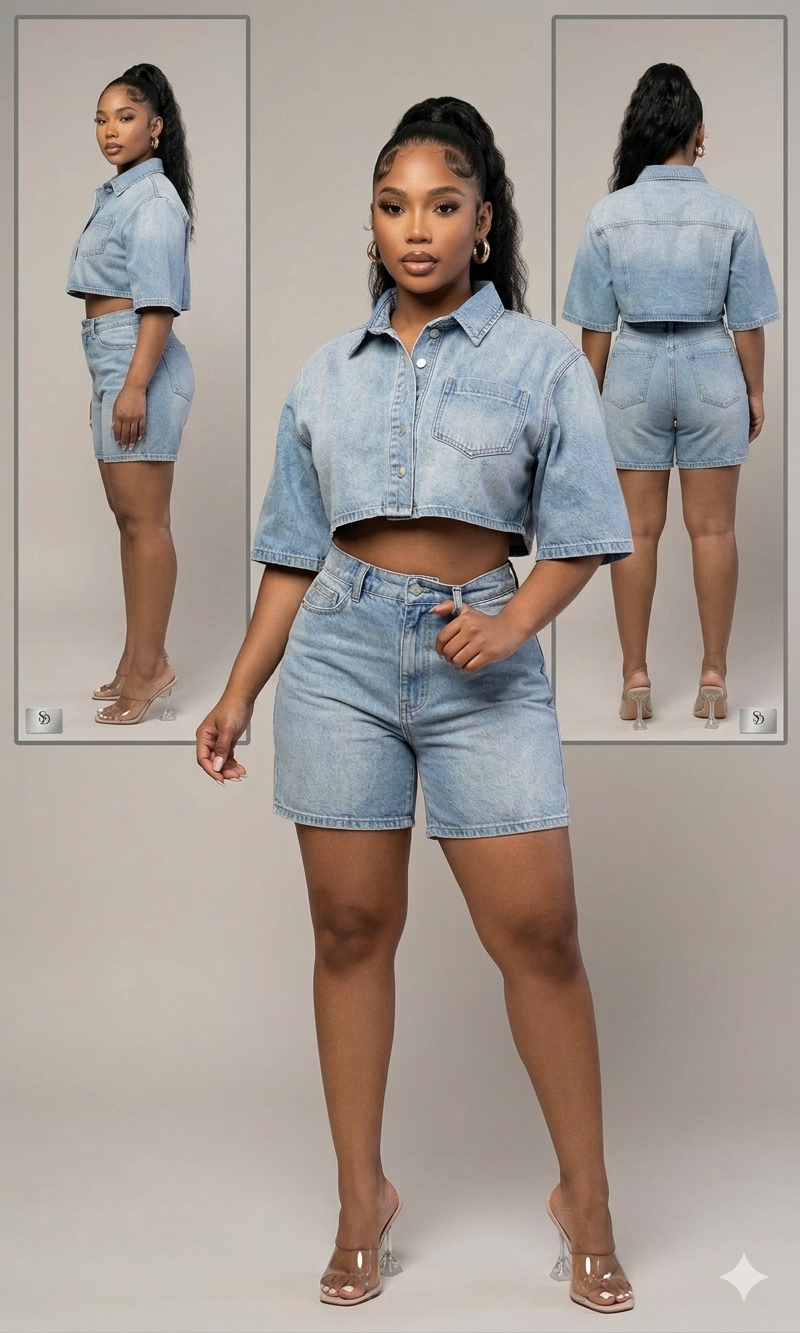 Denim Days Cropped Shirt + High-Waist Shorts Set