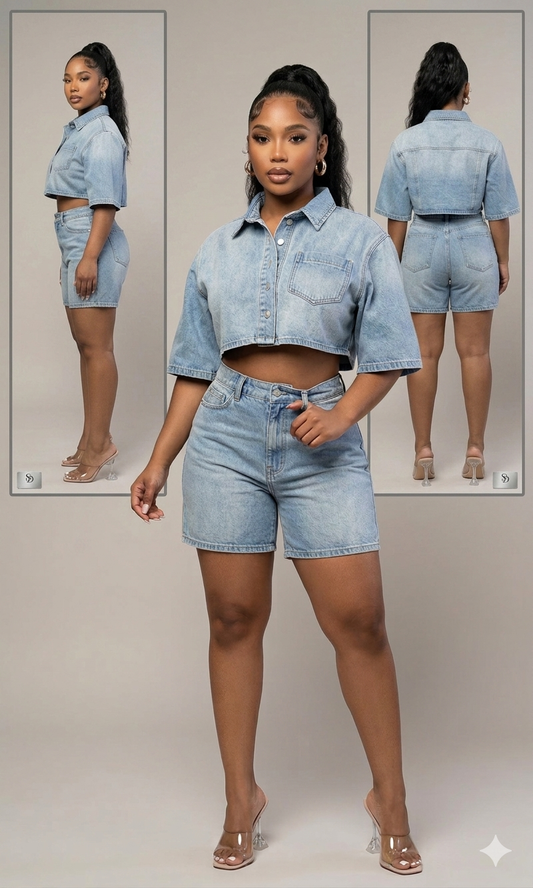 Denim Days Cropped Shirt + High-Waist Shorts Set