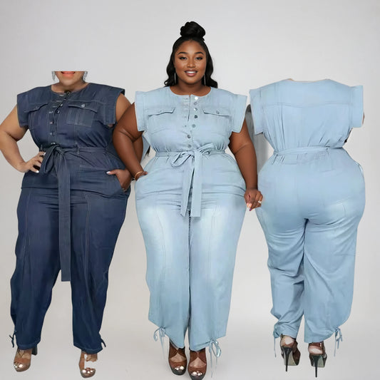 CURVY GIRL DENIM SHORT SLEEVE JUMPSUIT
