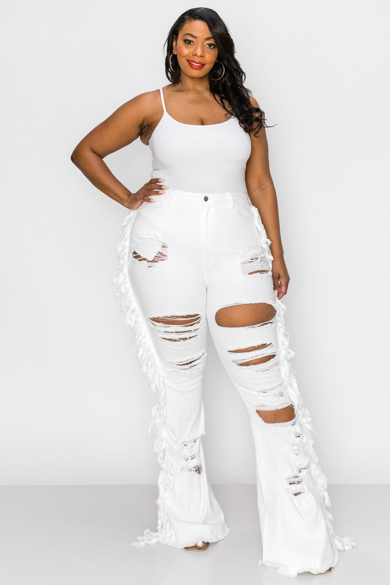 WHITE DISTRESSED FRINGE JEANS