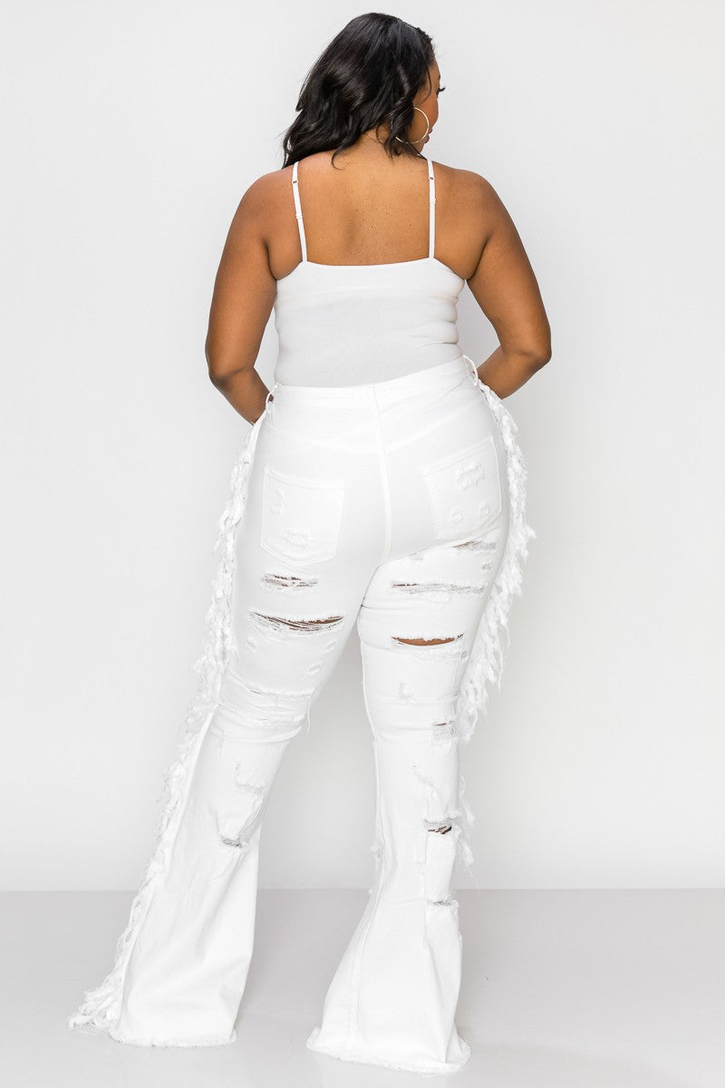 WHITE DISTRESSED FRINGE JEANS