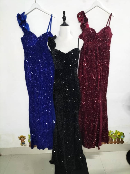 ONE SHOULDER RUFFLE SEQUIN GOWN