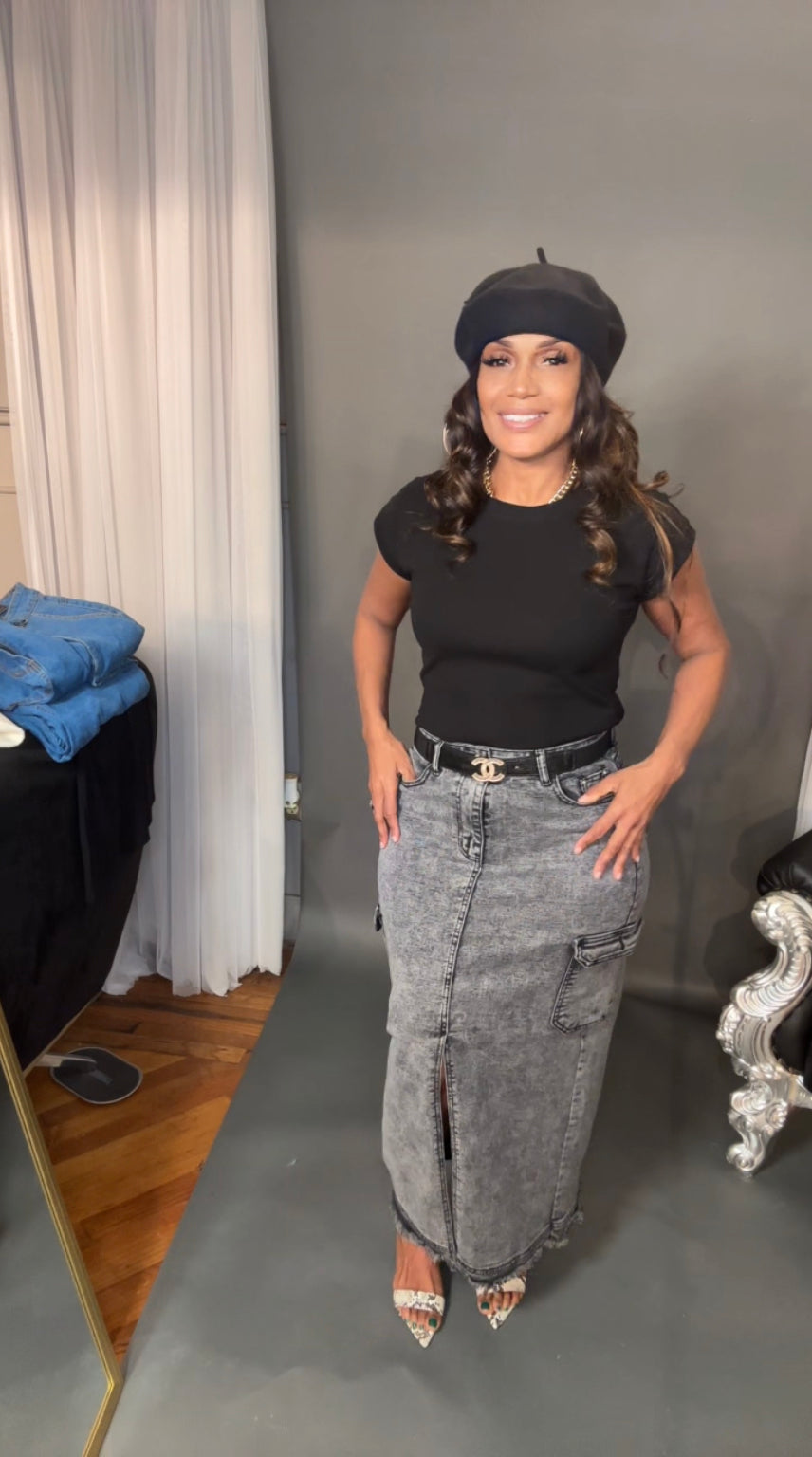 ACID WASHED DENIM CARGO SKIRT