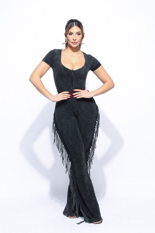 MINERAL WASH FRINGE JUMPSUIT