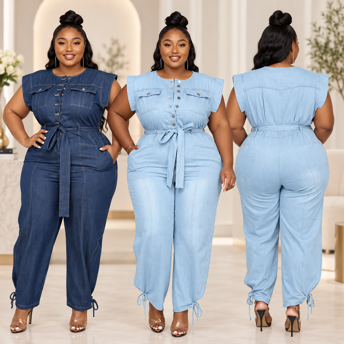 Belted Denim Cargo Jumpsuit