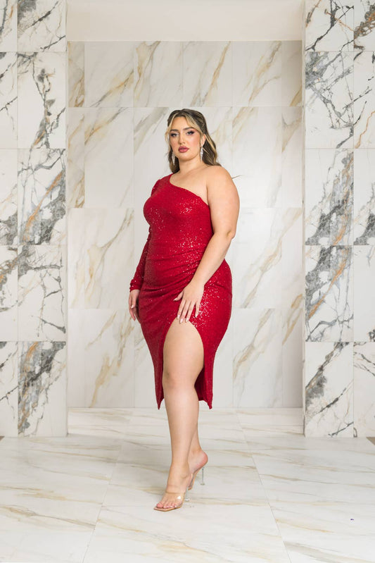 P2319_ONE SHOULDER SEQUIN MIDI DRESS: DARK RED / 2X