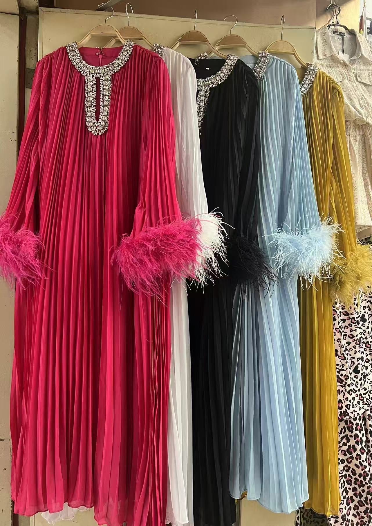 RHINESTONE EMBELISHED DRESS WITH FEATHER