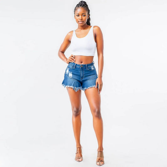 HIGH WAIST FRAYED HEM DENIM SHORTS