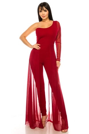 OFF SHOULDER JUMPSUIT WITH MESH