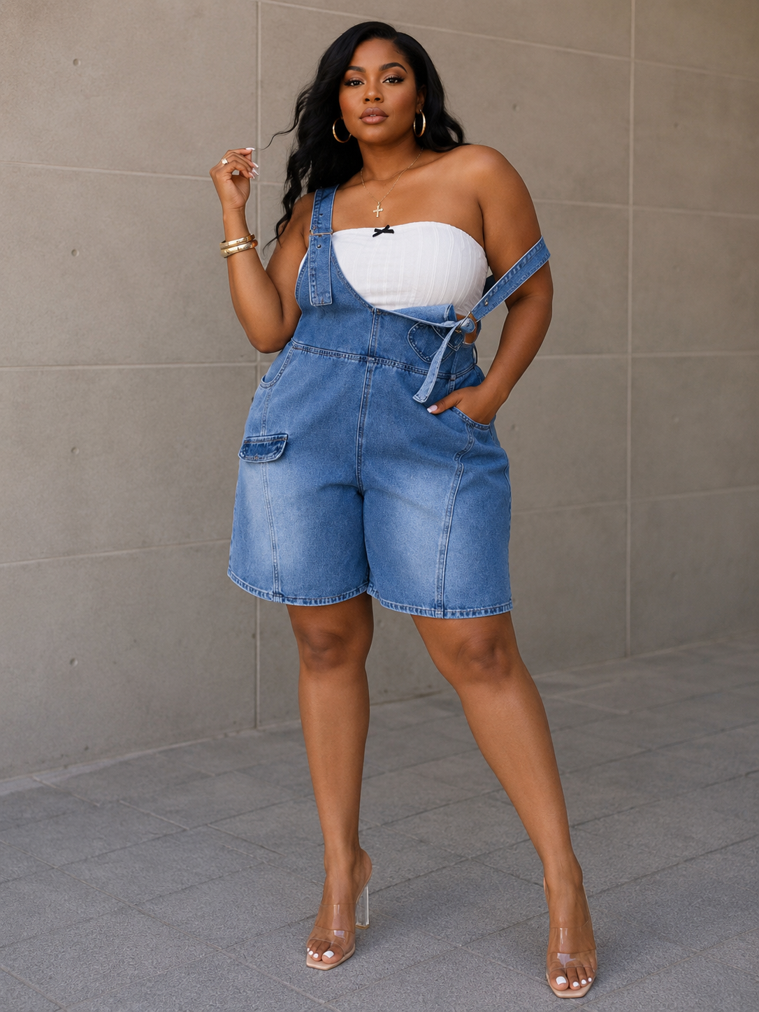 Model wearing Cha’Nels denim overall romper - full length