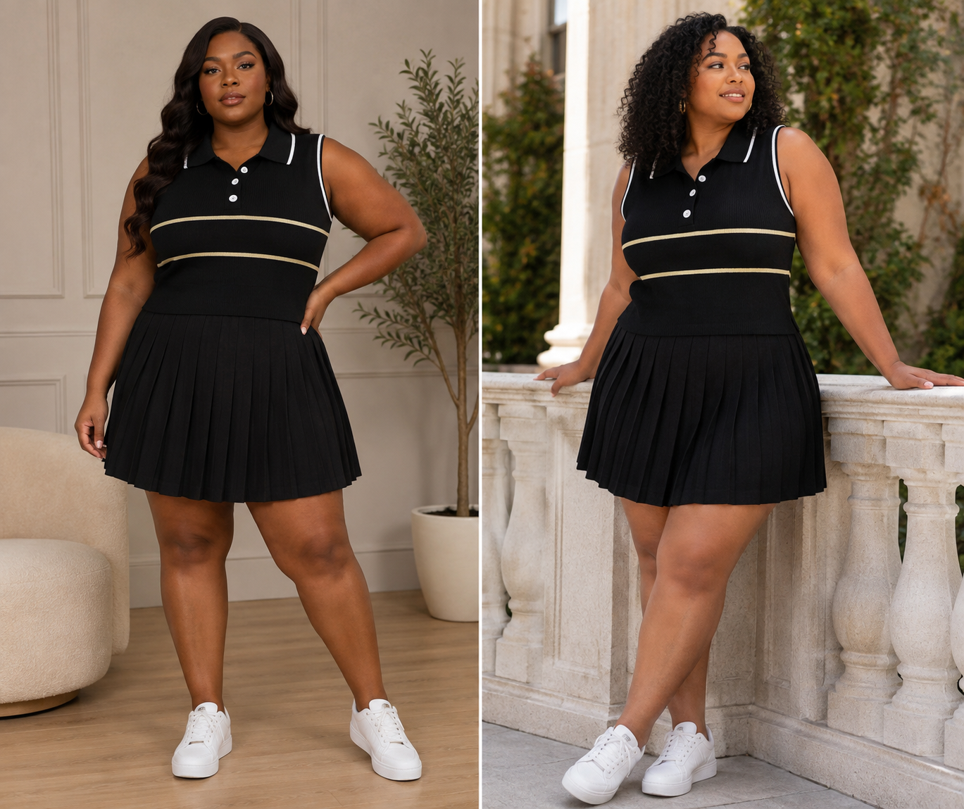 Black Polo Vest & Pleated Mini Skirt Set