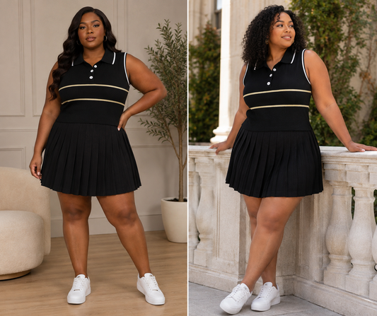 Black Polo Vest & Pleated Mini Skirt Set