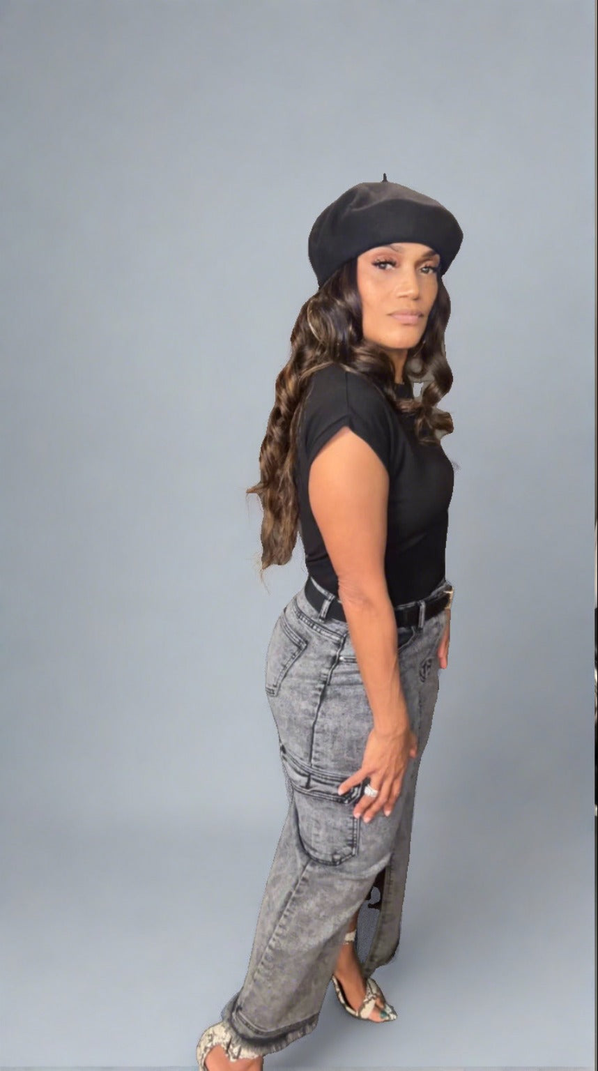 ACID WASHED DENIM CARGO SKIRT