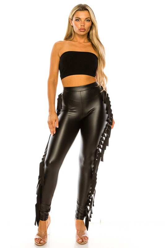 LEATHER LOOK FRINGE PANTS