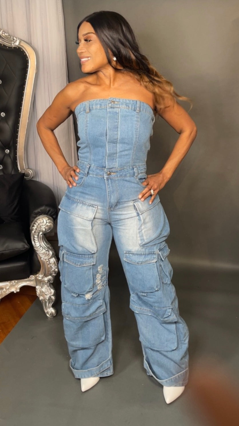 TUBE DENIM CARGO JUMPSUIT