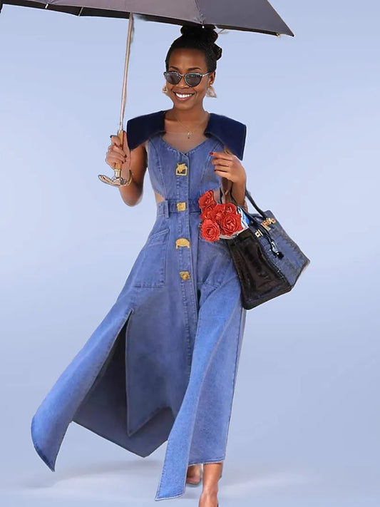 DENIM CUTOUT GOLD BUTTONS