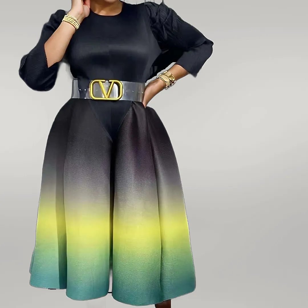 PLEATED LONG SLEEVE A LINE DRESS