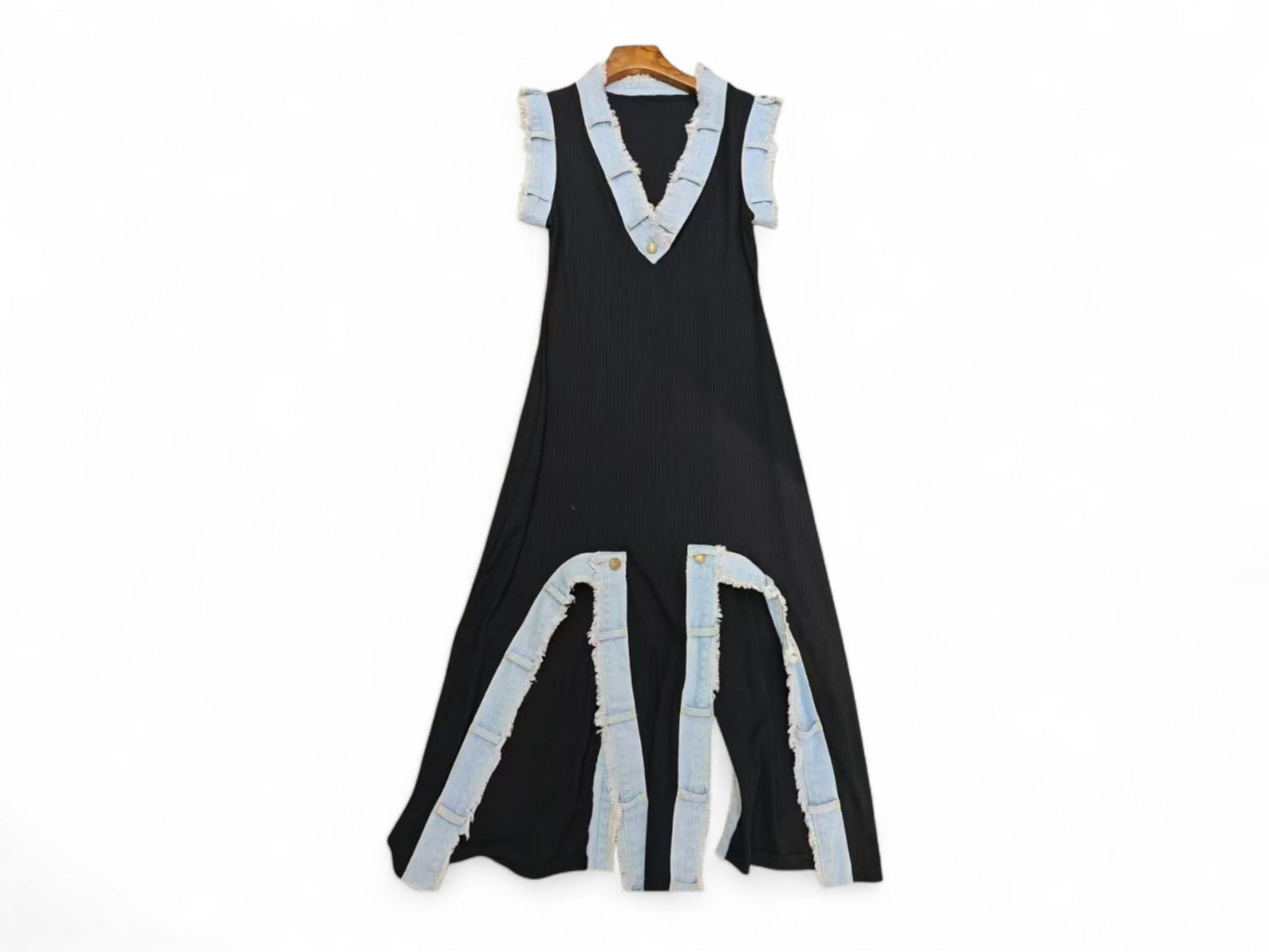 V CUT BLACK AND DISTRESSED DENIM DRESS