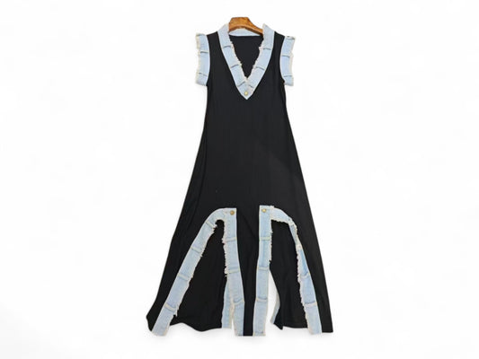 V CUT BLACK AND DISTRESSED DENIM DRESS