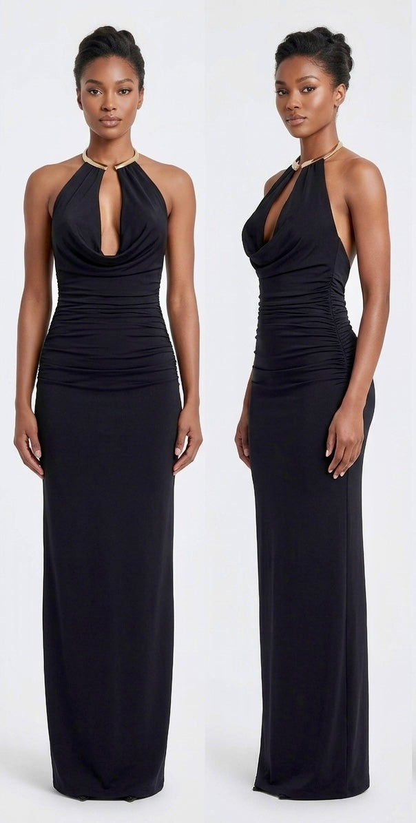Seraphina Ruched Halter Maxi Dress in Black - front and back view