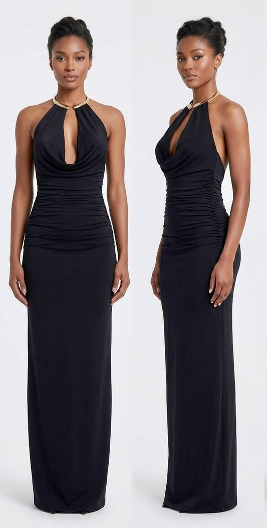 Seraphina Ruched Halter Maxi Dress in Black - front and back view