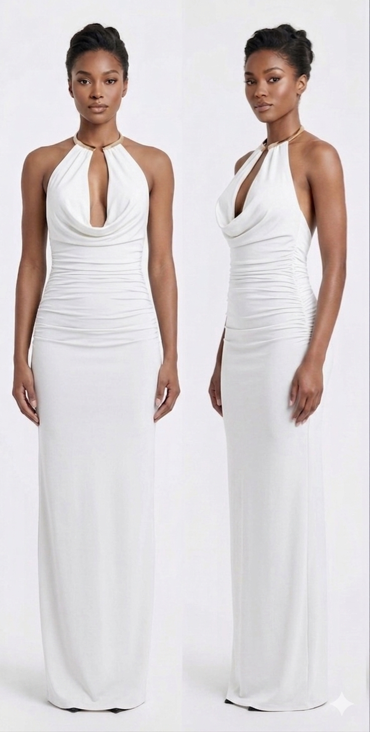 Seraphina Ruched Halter Maxi Dress in White - front and back view