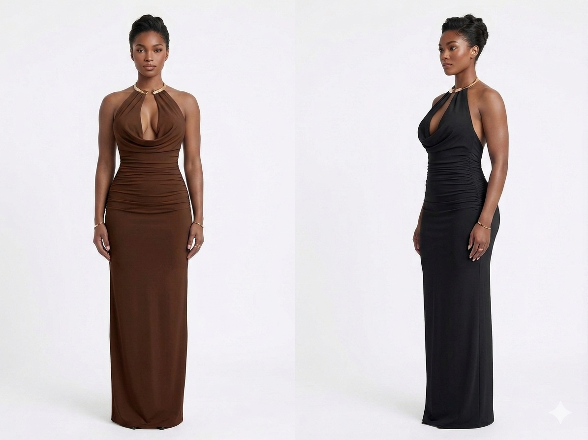 Seraphina Ruched Halter Maxi Dress in Chocolate and Black - front and side view