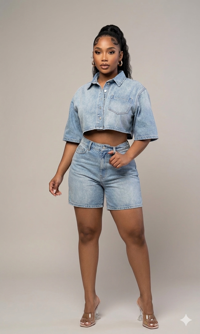 Denim Days Cropped Shirt + High-Waist Shorts Set