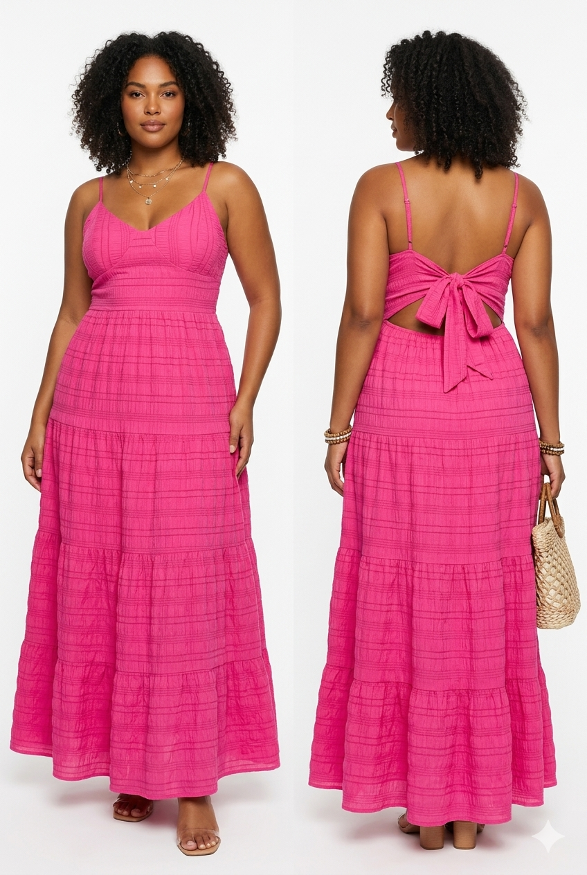 Glitz & Glamour Tie-Back Tiered Maxi Dress – Hot Pink, front and back view