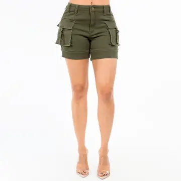 HIGH WAIST CARGO POCKETS DENIM SHORTS OLIVE