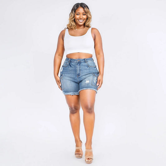 PLUS SIZE HIGH WAIST CARGO DENIM SHORTS