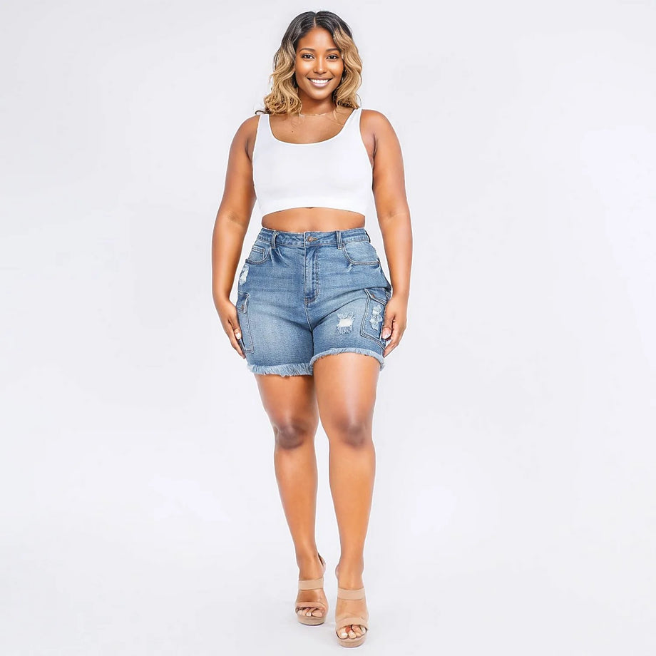PLUS SIZE HIGH WAIST CARGO DENIM SHORTS – GLITZ GLAMOUR BOUTIQUE