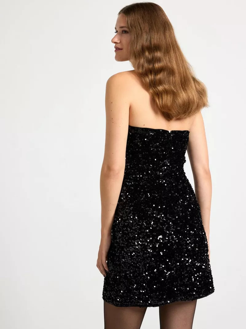 black glitter mini dress Rare London all over pailette sequin in holiday cocktail parties BLACK SEQUIN TUBE MINI DRESS