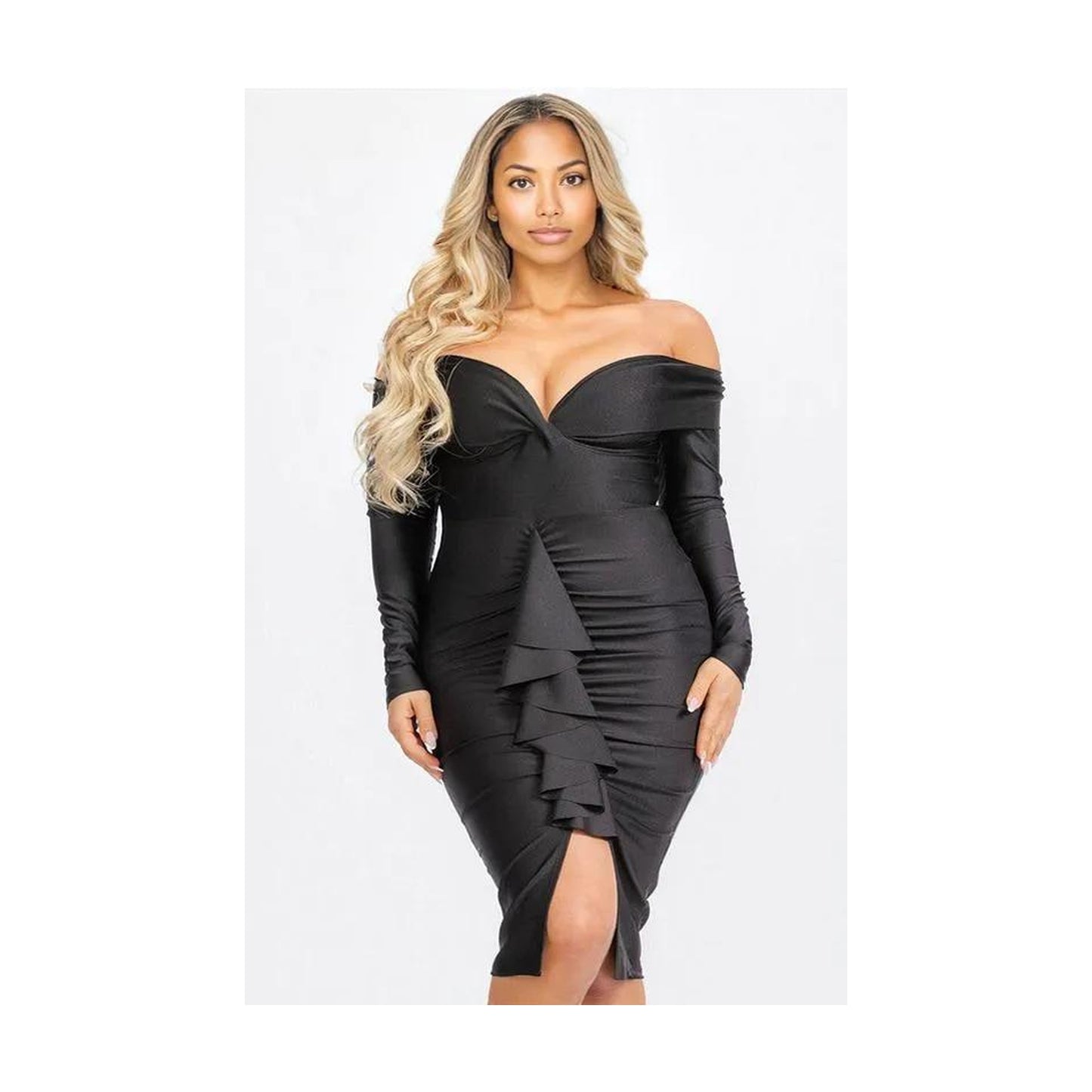 CURVY GIRL RUSHED OFF SHOULDER MINI