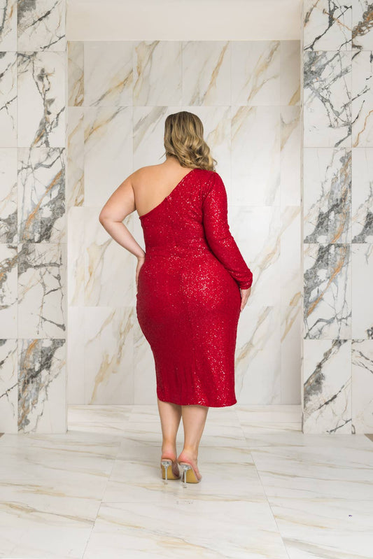 P2319_ONE SHOULDER SEQUIN MIDI DRESS: DARK RED / 3X