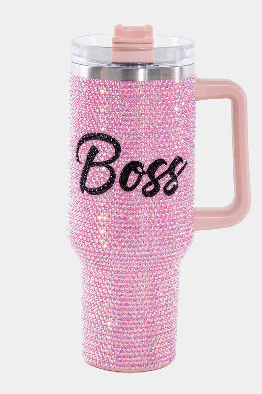 Rhinestone Studded Boss Print Tumbler Cup: PINK
