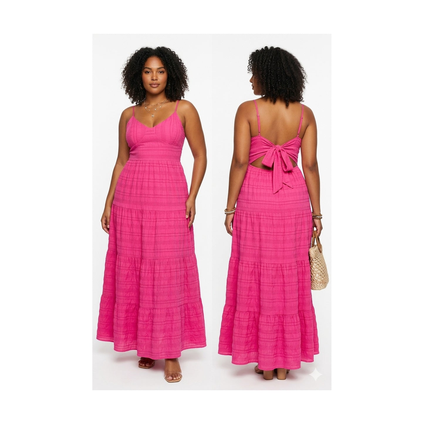 Glitz & Glamour Tie-Back Tiered Maxi Dress – Hot Pink