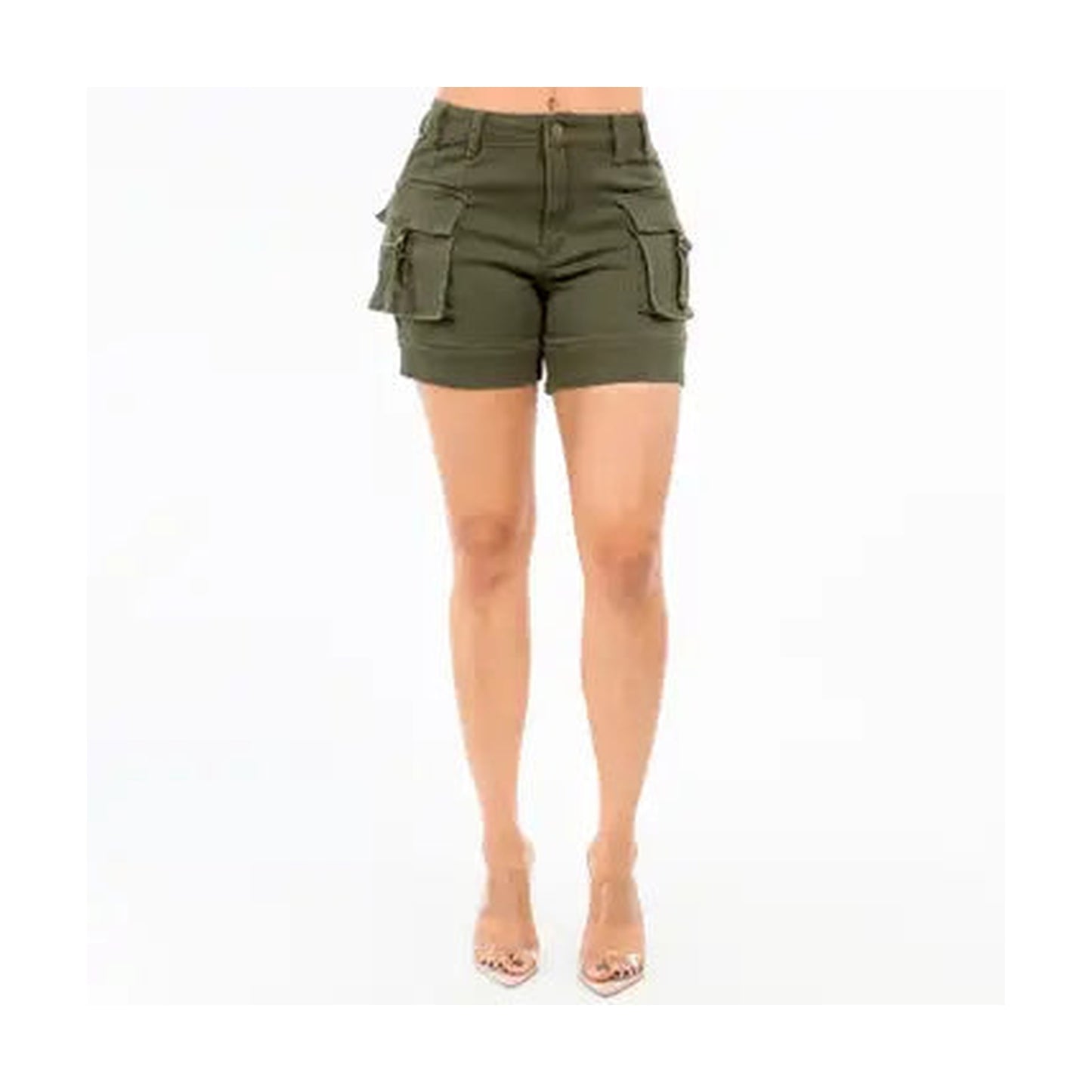 HIGH WAIST CARGO POCKETS DENIM SHORTS OLIVE