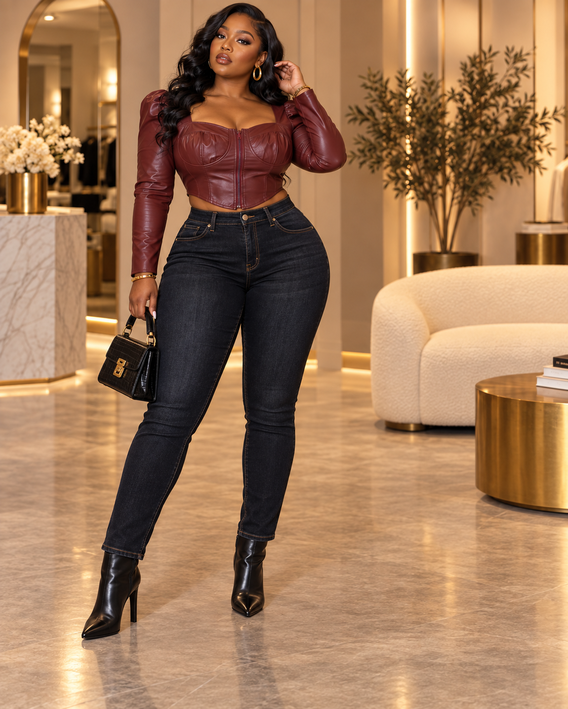 RED LONG SLEEVE LEATHER ZIP UP TOP