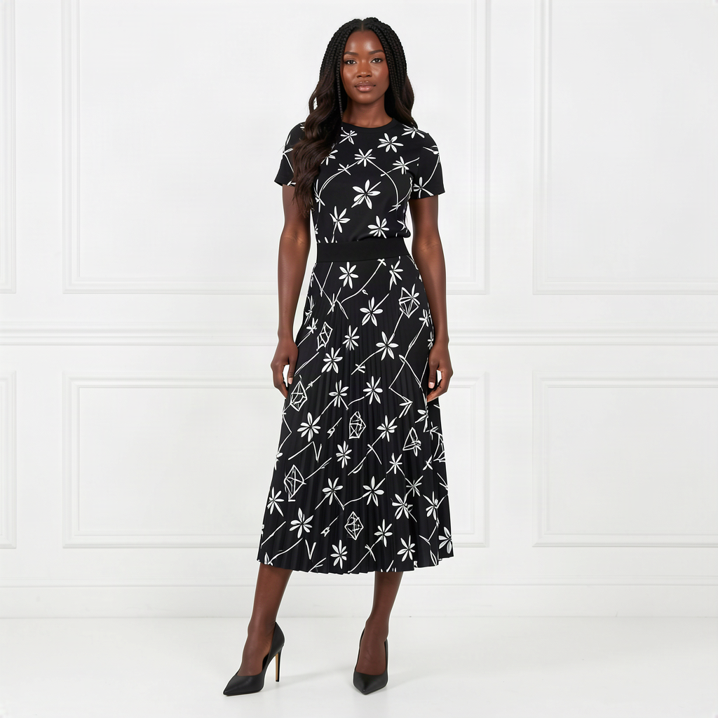Black Monogram Knit Sweater & Pleated Midi Skirt Set