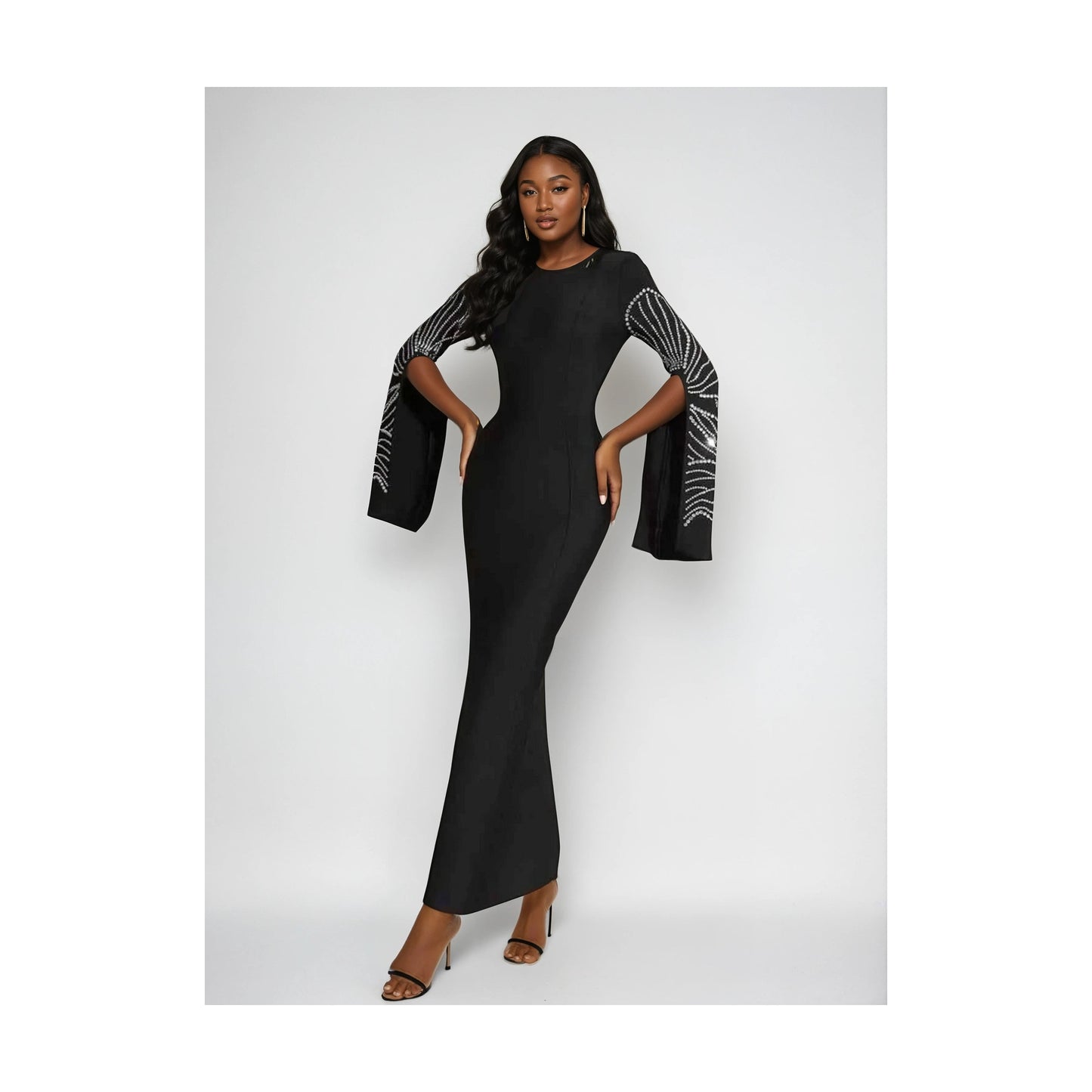 LUXE CRYSTAL NECKLINE WITH BELL SLEEVE DRESS