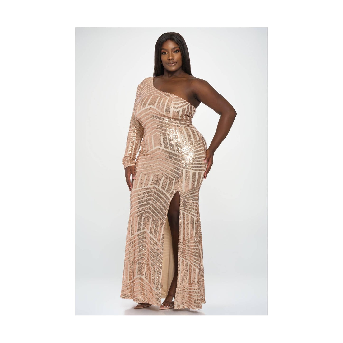 P2142_ONE SHOULDER LONG SLEEVE SEQUINS : CHAMPAGNE / 2X