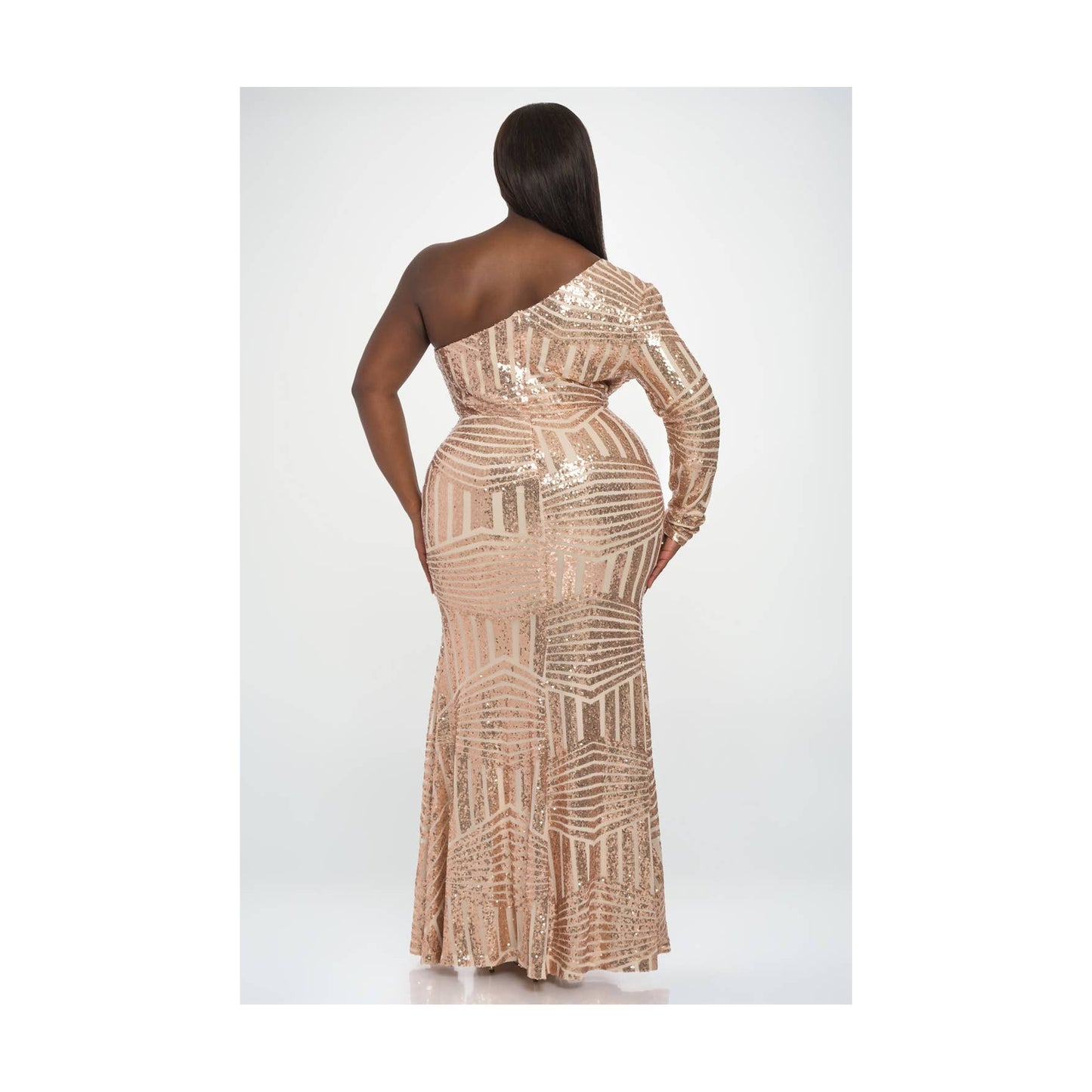 P2142_ONE SHOULDER LONG SLEEVE SEQUINS : CHAMPAGNE / 2X