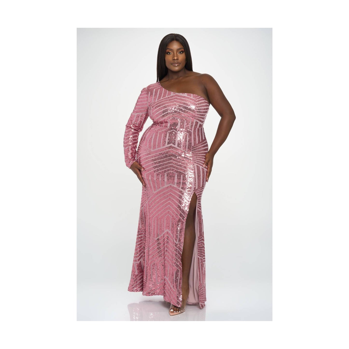 P2142_ONE SHOULDER LONG SLEEVE SEQUINS : CHAMPAGNE / 2X