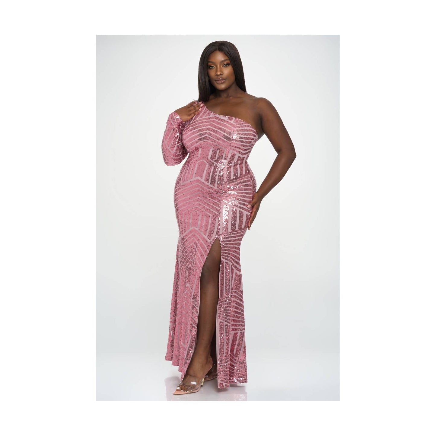 P2142_ONE SHOULDER LONG SLEEVE SEQUINS : CHAMPAGNE / 2X