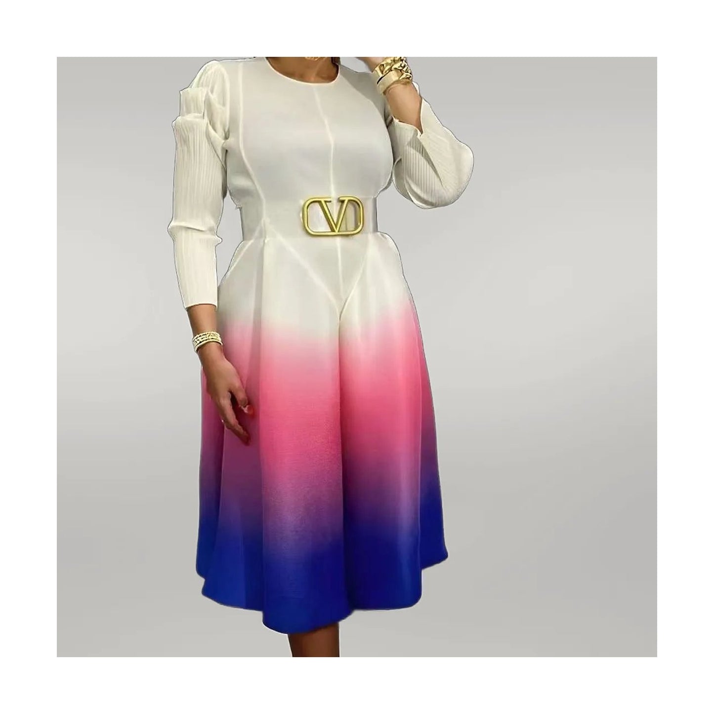 PLEATED LONG SLEEVE A LINE DRESS